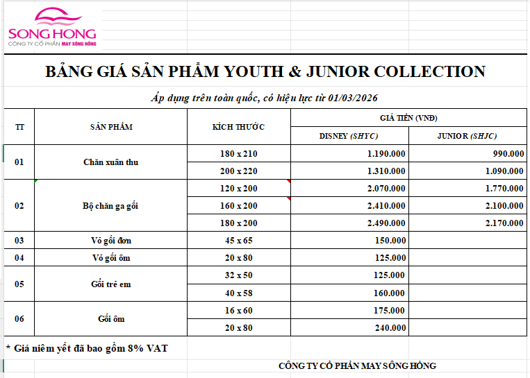 Bảng giá chăn ga gối Sông Hồng Youth & Junior 2026 - 2027