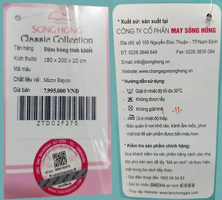 nhận biết chăn ga gối đệm Sông Hồng