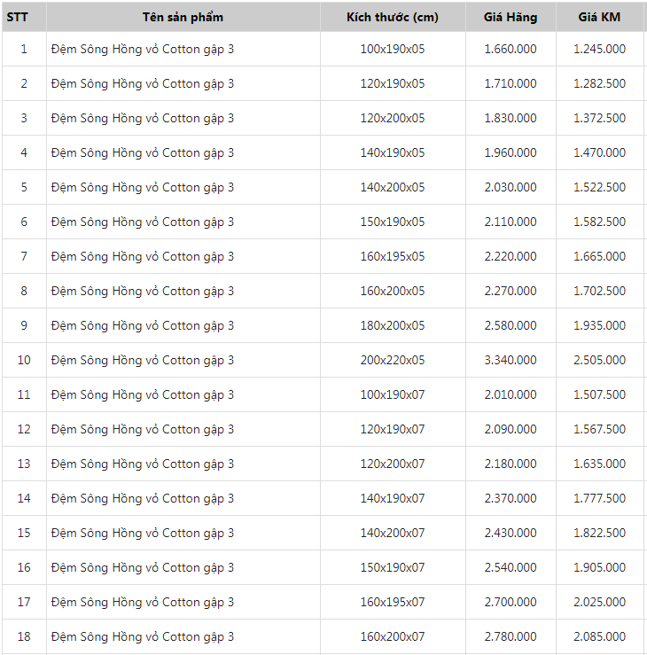 Đệm Sông Hồng vải TC