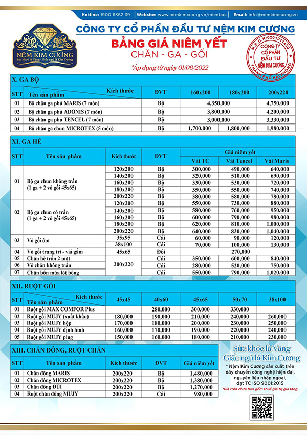 bảng giá chăn ga gối kim cương