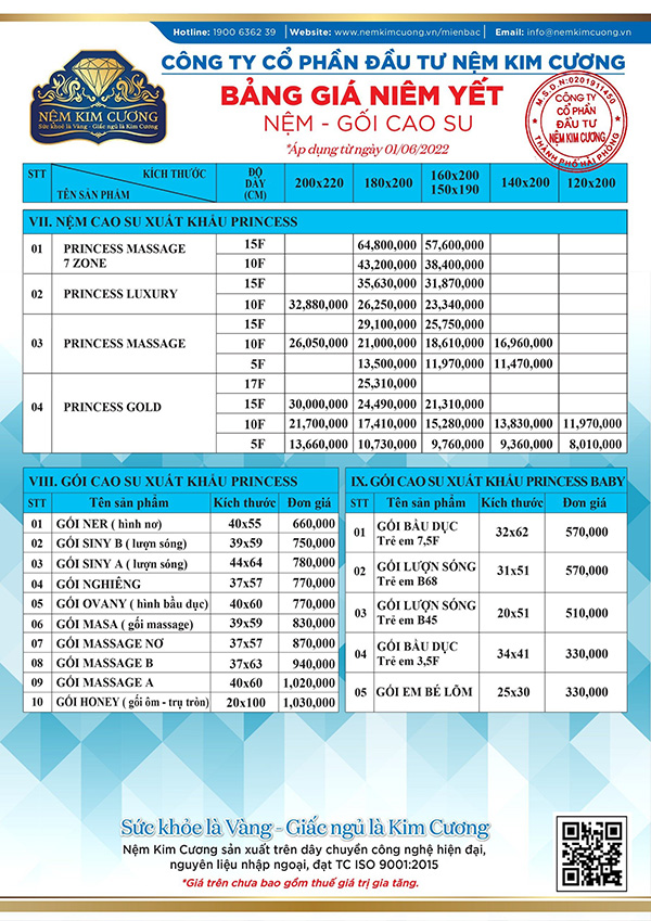 bảng giá đệm kim cương