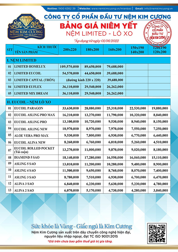 bảng giá đệm kim cương