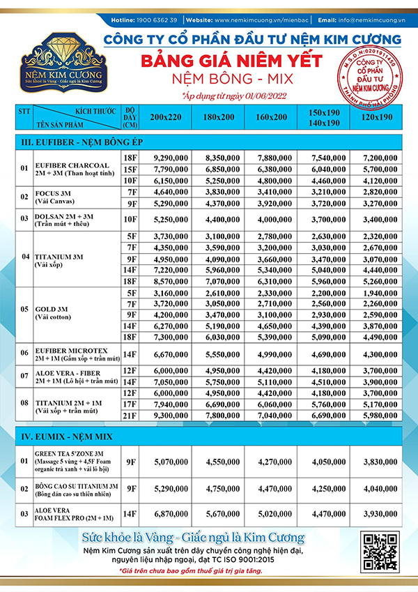 bảng giá đệm kim cương