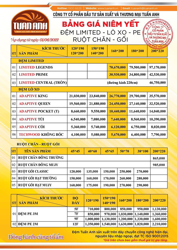 bảng giá đệm Tuấn Anh