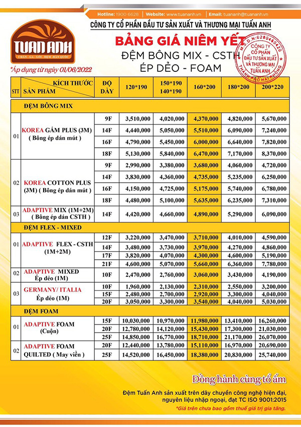 bảng giá đệm Tuấn Anh